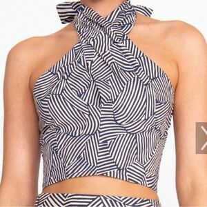 STAUD Navy and White Patterned Crop Top